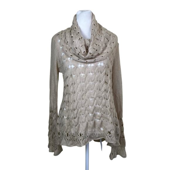 Nine West Sz M Tan Open Cable-knit Cowl Neck Sweater With Bell Sleeves Fairy - Picture 2 of 16